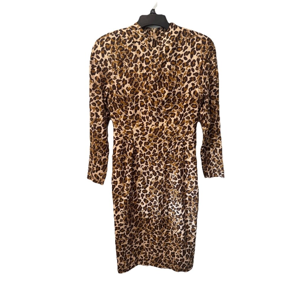 St. John‎ Size 4 Leopard Print Long Sleeve Midi Silk Blend Dress Shoulder Pads
